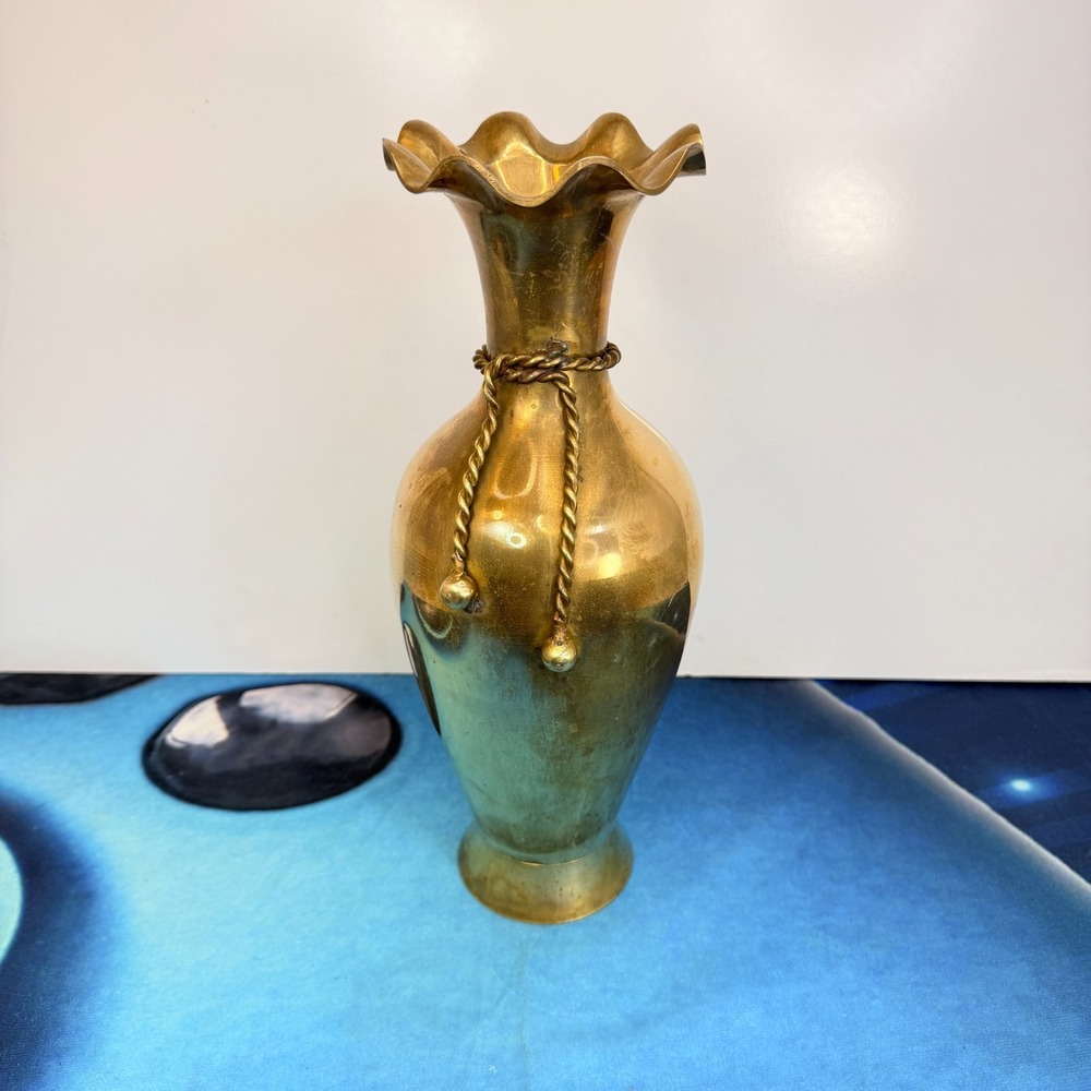 Vintage Brass Ruffled Vase 13" Scalloped Pie Crust Rim Twisted Rope Tassel India